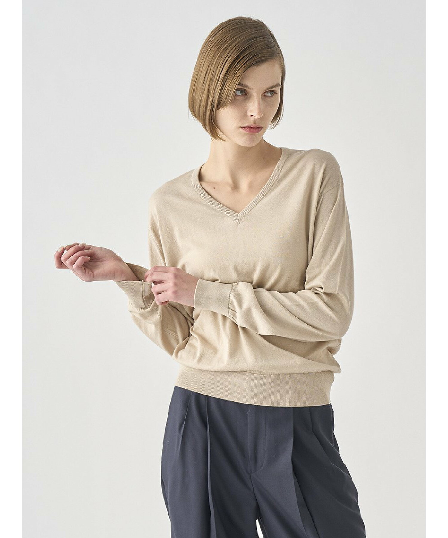 Vネック長袖コットンニットプルオーバー | ANNE | 30G COMMON FIT